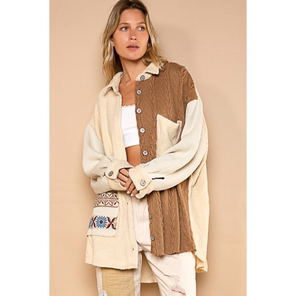 POL Beige Tan Mixed Knit Sweater Shirt | Oversized Luxe Neutral Boho Jacket - Picture 2 of 8